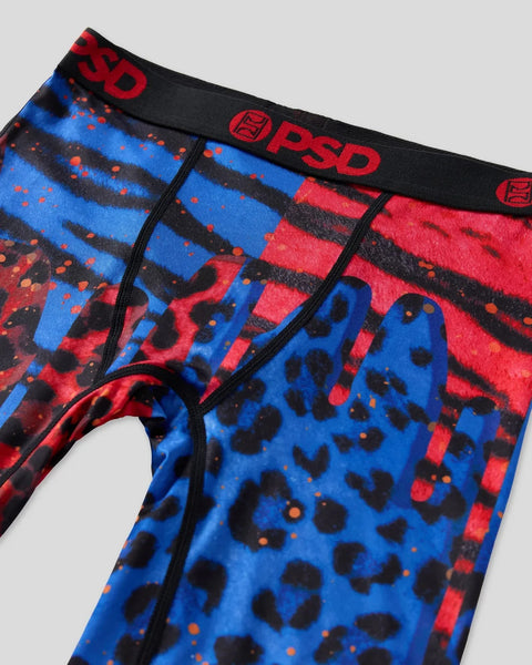 PSD brand underwear with red and blue color-blocked design, leopard print pattern, and black waistband with logo.