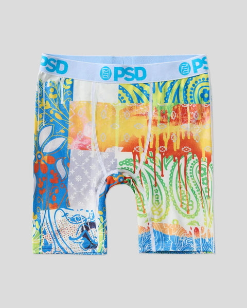 PSD boxer briefs with blue waistband featuring multicolored abstract and ornamental pattern design.