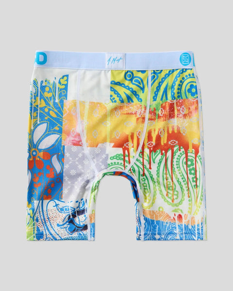 Colorful boxer briefs with blue, yellow, orange, green and red abstract patterns and ornamental designs throughout.