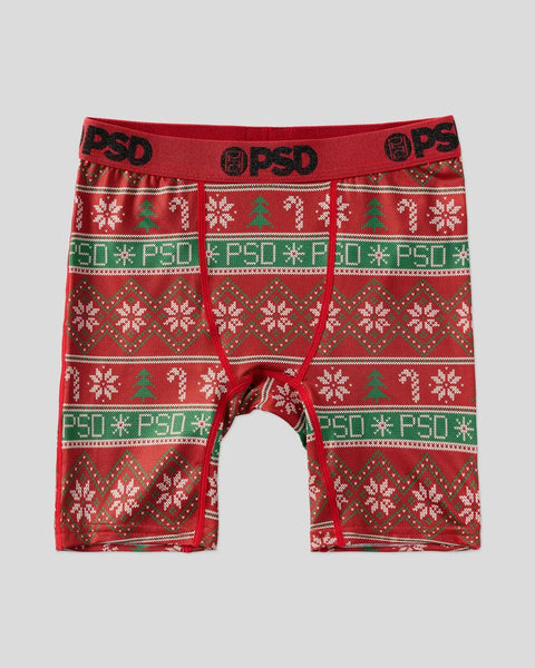 Red and green knit boxer shorts with snowflake and tree holiday pattern, PSD waistband and branding.