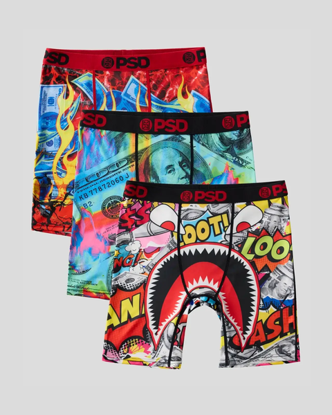Three PSD boxer briefs with red, blue, and comic book-themed prints and black waistbands.