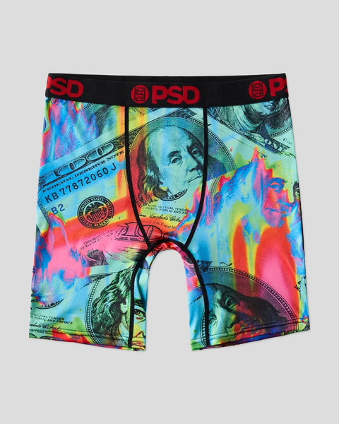 PSD boxer briefs with black waistband and colorful rainbow print featuring dollar bill and portrait imagery.