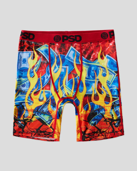 Red PSD boxer briefs with yellow and blue flame print and dollar bill graphics, red waistband with black logo.