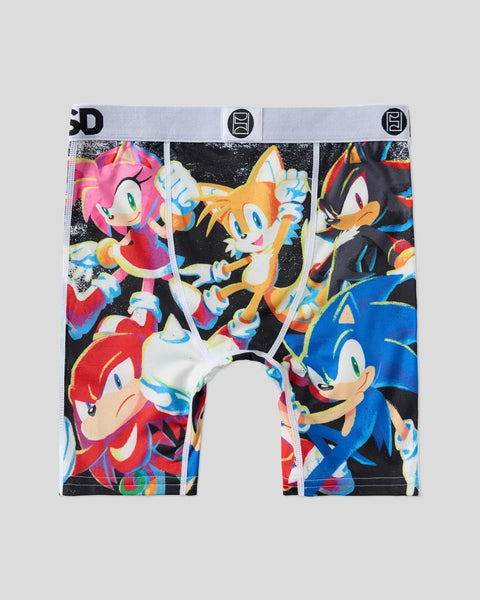 Sonic the Hedgehog character boxers with colorful printed characters including blue, red, pink, and yellow hedgehogs on black