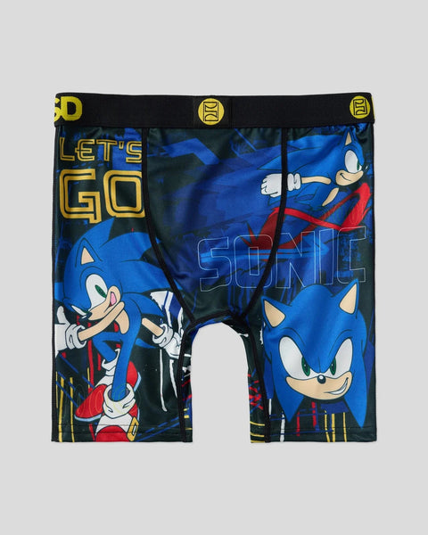 Blue boxer briefs with Sonic the Hedgehog characters and 