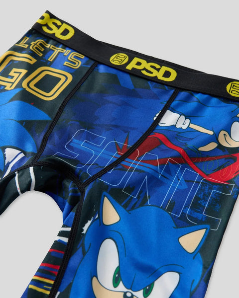 PSD brand underwear featuring blue Sonic character with yellow and black waistband text.