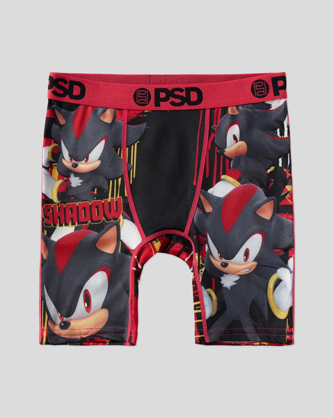 Black and red PSD boxer briefs with Shadow character print and red elastic waistband.