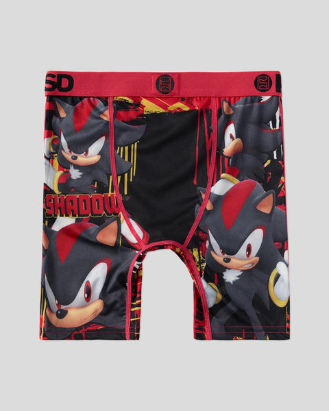 Shadow character print boxer shorts with red waistband and red stitching on black fabric.