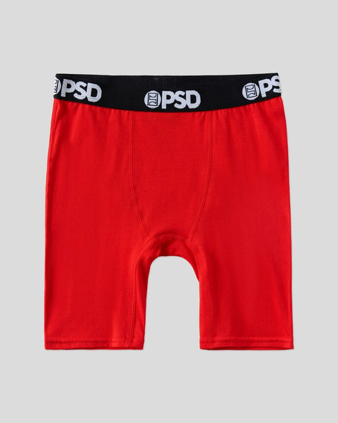 Red boxer brief with black PSD waistband and white logo repeat.