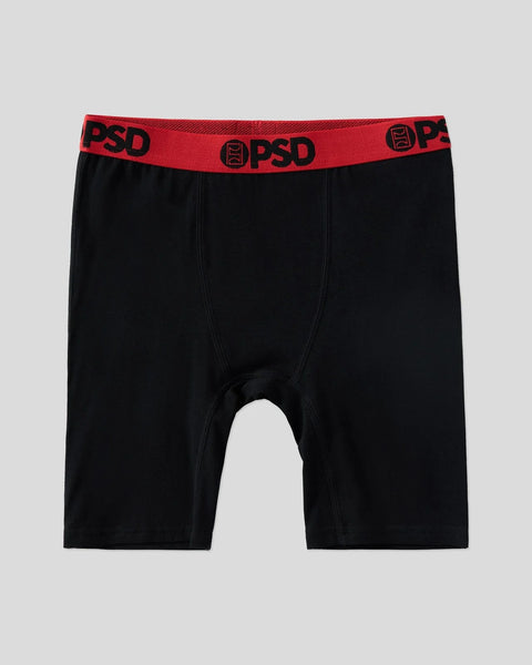 Black boxer briefs with red waistband featuring PSD logo and text.
