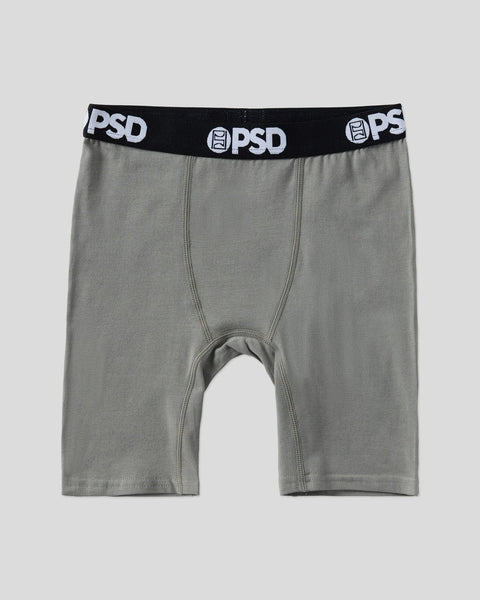 Gray boxer brief with black PSD waistband and center seam detail.