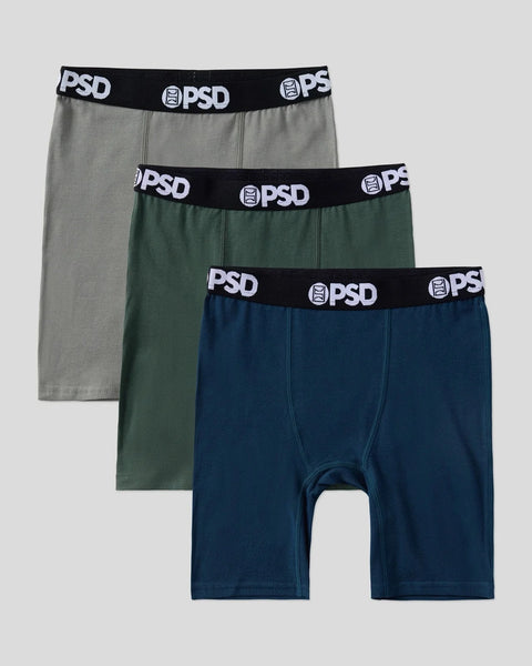 Three boxer briefs in gray, forest green, and navy with black PSD branded waistbands.