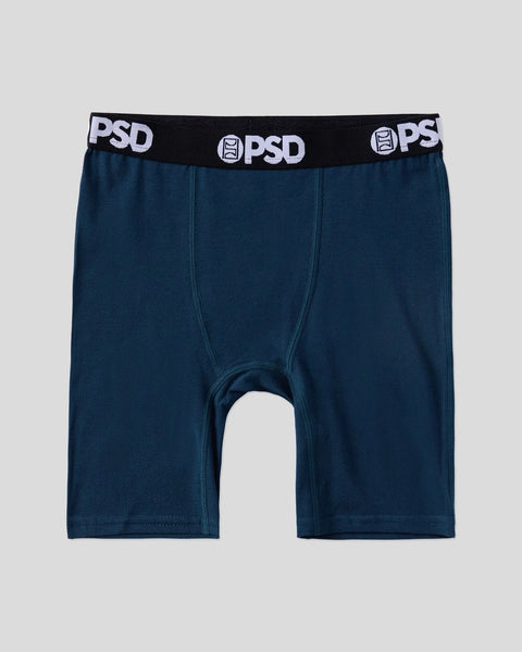 Dark blue boxer brief with black PSD waistband and contrast stitching.