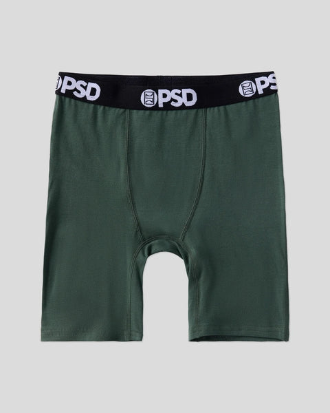 Sage green boxer brief with black PSD waistband and white logo.