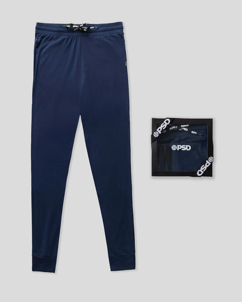 Navy blue jogger pants with drawstring waistband and tapered ankles, displayed with packaging.