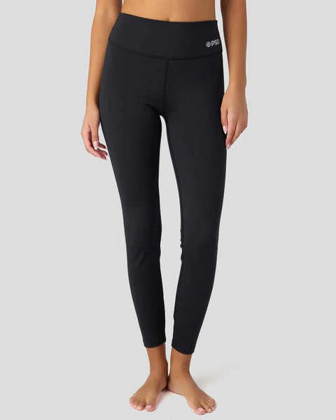 Black high-waisted leggings with logo on waistband, shown on model from waist down.
