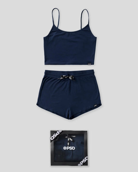 Dark blue modal cami top and shorts sleep set with drawstring waist, displayed flat on white background.