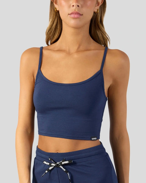 Navy blue modal cami sleep set with spaghetti straps and matching drawstring shorts.