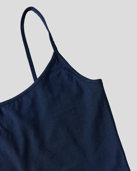 Dark blue cami top with thin adjustable straps, part of a sleep set.