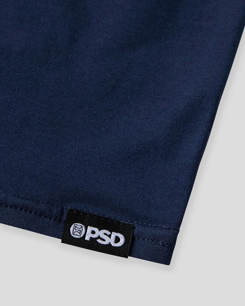 Dark blue modal fabric with black PSD brand label sewn at corner.
