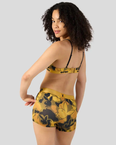 Gold and black Playboy bunny print bra and boxer shorts set with satin waistband.