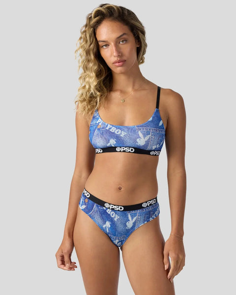 Blue denim bra and briefs set with Playboy bunny pattern and black elastic waistbands.