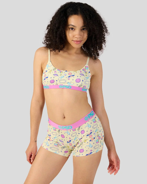 Yellow modal bra and shorts set with colorful space icons, pink and blue waistbands.