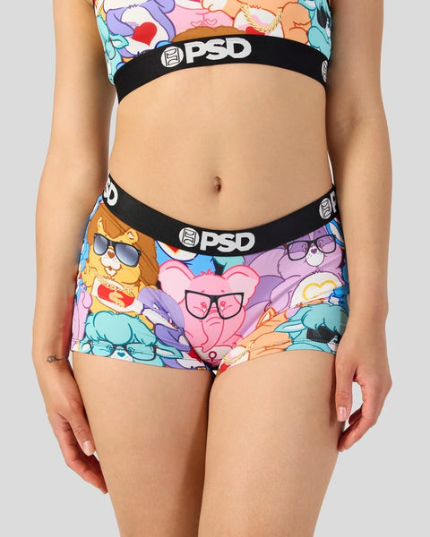 Care Bears printed boyshort with black PSD waistband and matching crop top.