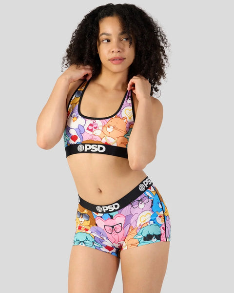 Colorful Care Bears print sports bra and shorts set with black PSD waistbands.