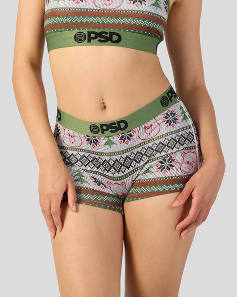 Cropped holiday sweater and matching boyshort underwear set with Fair Isle knit pattern and green PSD waistband.