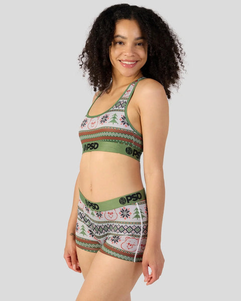 Care Bears-themed sports bra and shorts set with knit pattern in green, cream, and red.