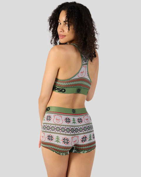 Knit bra and shorts set with Care Bears and holiday Fair Isle patterns in red, green, and cream.