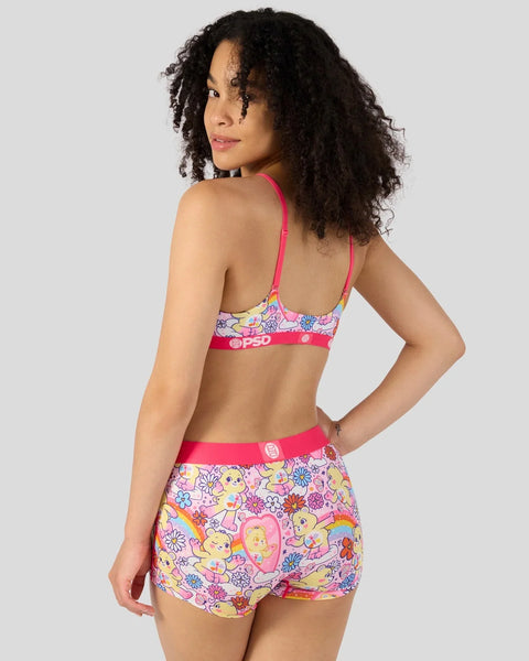 Care Bears bra and shorts set with colorful bear and flower print on pink and multi-colored background.