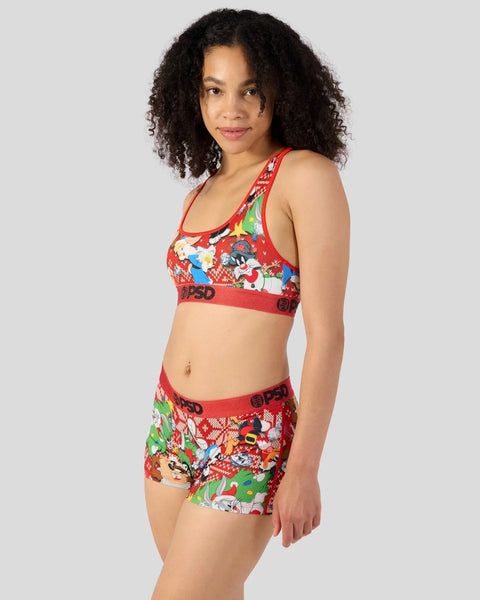 Red sports bra and shorts set with Looney Tunes holiday characters and patterns.