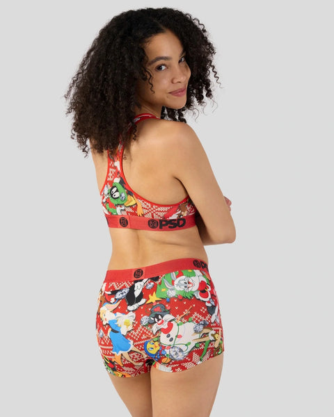 Red sports bra and boy shorts set with Looney Tunes holiday character print and logo waistband.