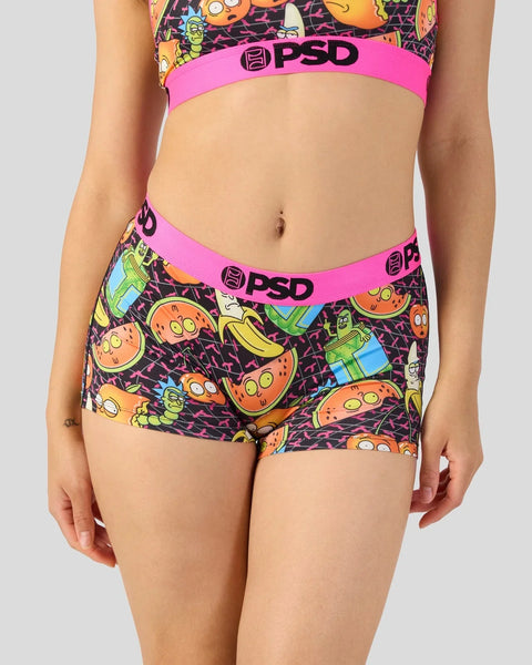 PSD two-piece underwear set with Rick and Morty cartoon characters and fruit prints on black background with neon pink waistb