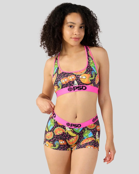 Sports bra and shorts set with Rick and Morty cartoon characters and colorful fruit print on dark background with neon pink t