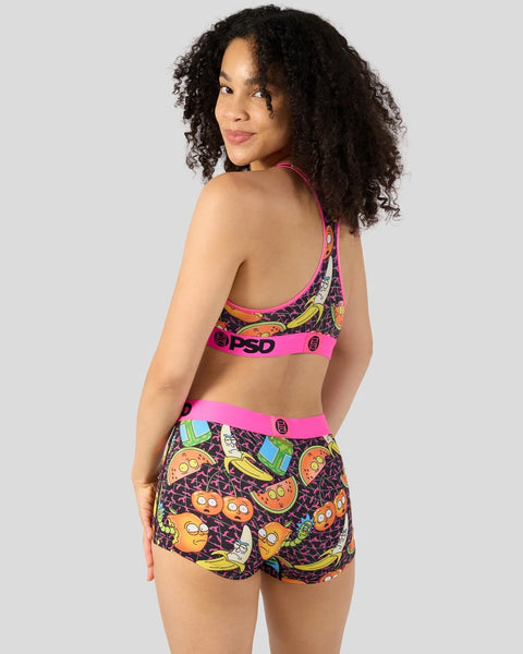 PSD bra and shorts set with Rick and Morty cartoon characters and bright pink waistbands.