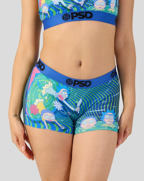 PSD sports bra and shorts set with Rick and Morty characters and blue wavy pattern design.