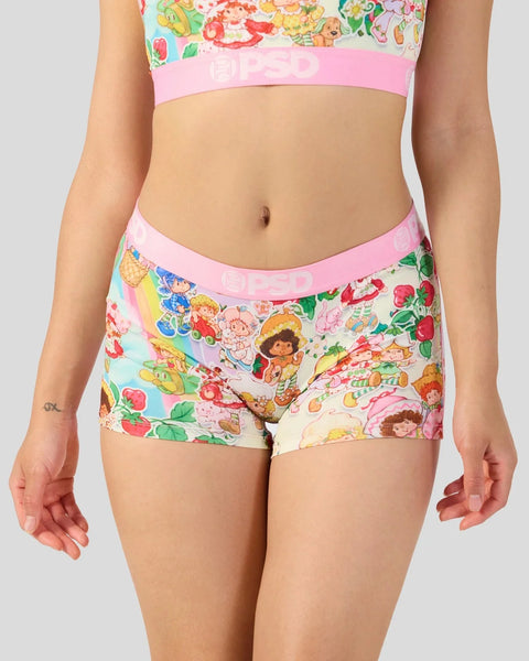 Crop top and shorts set with vintage Strawberry Shortcake characters and colorful fruit print on cream background with pink t