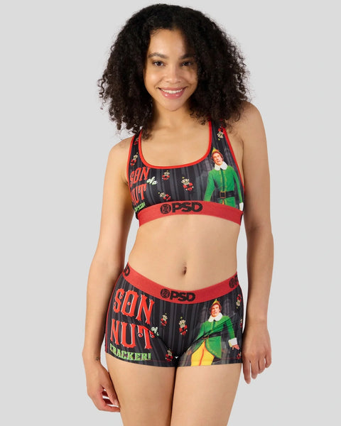 Black sports bra and boy shorts set with red trim, elf character print, and PSD branding.