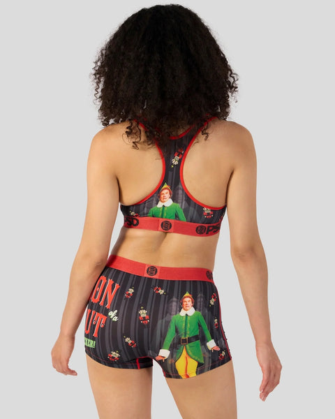 Black and red sports bra and shorts set featuring elf character print and red belt details.