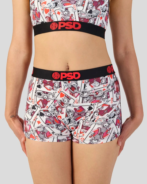 Two-piece PSD intimates set with playing card and heart print, black waistbands with red logo.