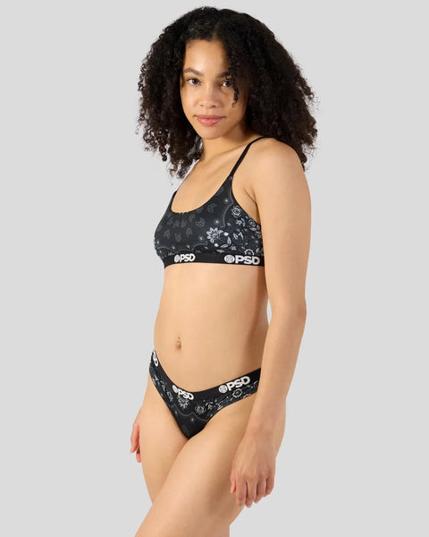 Black bandana-print bralette and briefs set with PSD branding on elastic waistbands.