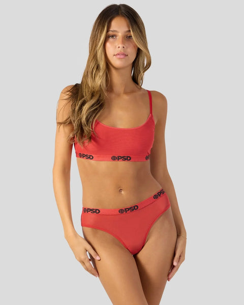 Red mesh bra and briefs set with branded elastic waistband.