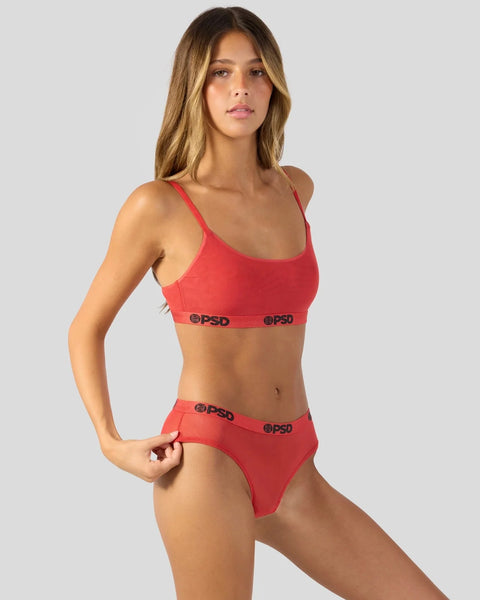 Red mesh bra and briefs set with logo waistband detail.