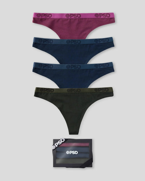 Four modal briefs in burgundy, navy, navy, and olive with branded waistbands, displayed above packaging.
