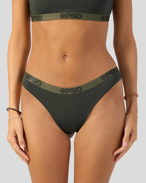 Charcoal bikini briefs with olive-toned waistband featuring repeated brand lettering.