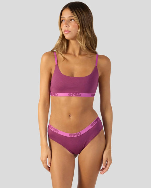 Magenta purple two-piece bralette and hipster underwear set with branded elastic waistbands.