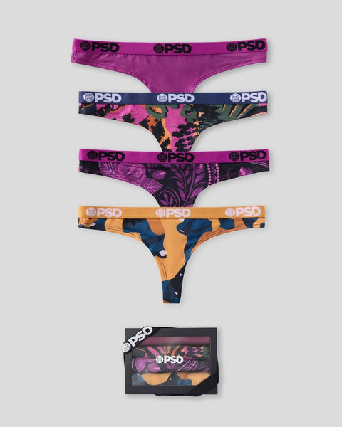 Four PSD brand thongs in purple solid, multicolor floral, purple botanical, and orange camo prints with branded waistbands, s